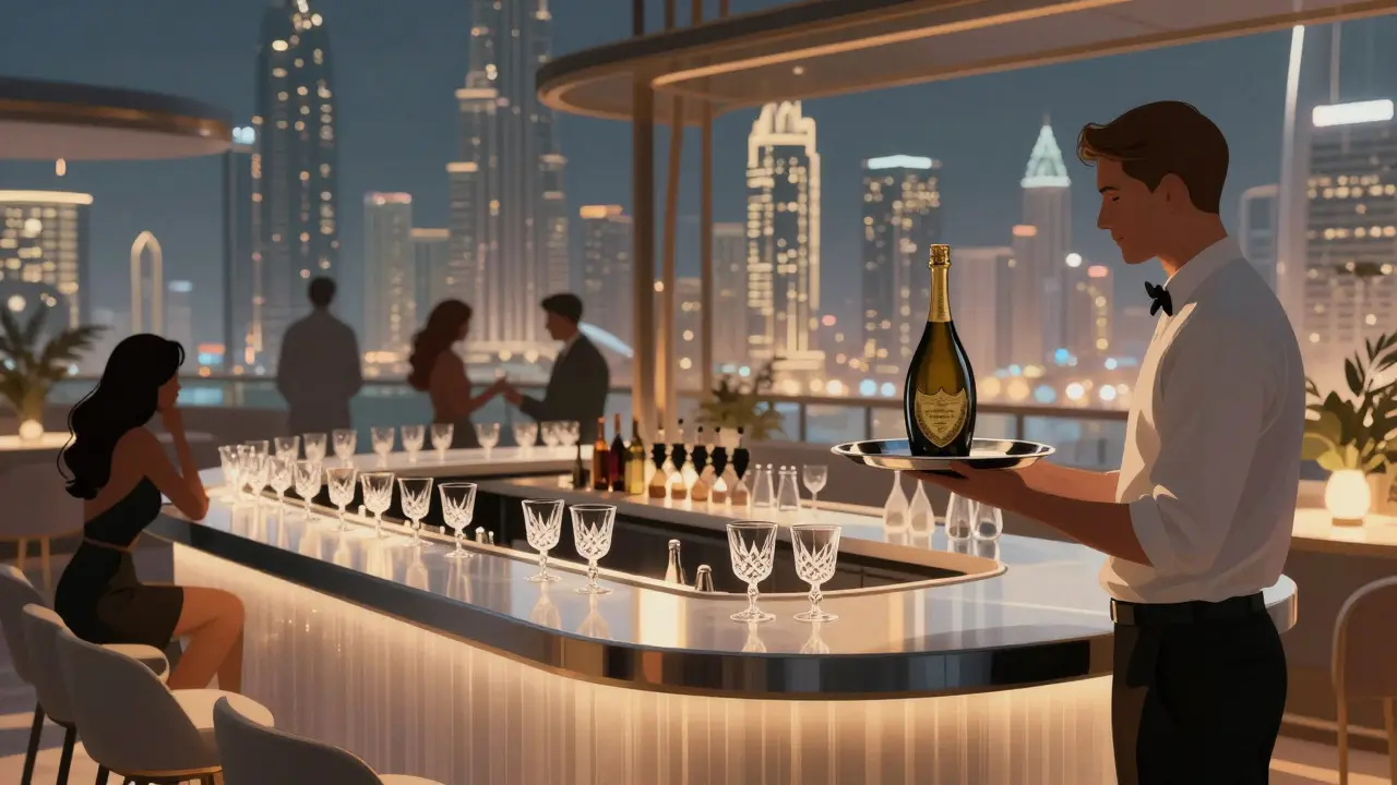 Elegant guests at Cielo Dubai&#039;s rooftop lounge enjoying champagne with a view of the glittering city below.
