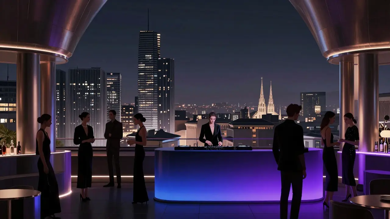 Elegant guests on a rooftop club terrace overlooking Milan&#039;s illuminated skyline.