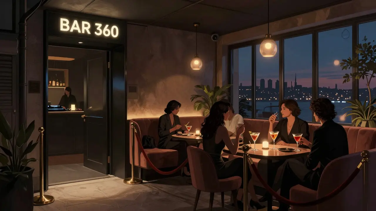 Elegant interior of a hidden upscale bar in Nişantaşı with dim lighting, velvet seating, and a sophisticated crowd enjoying cocktails.