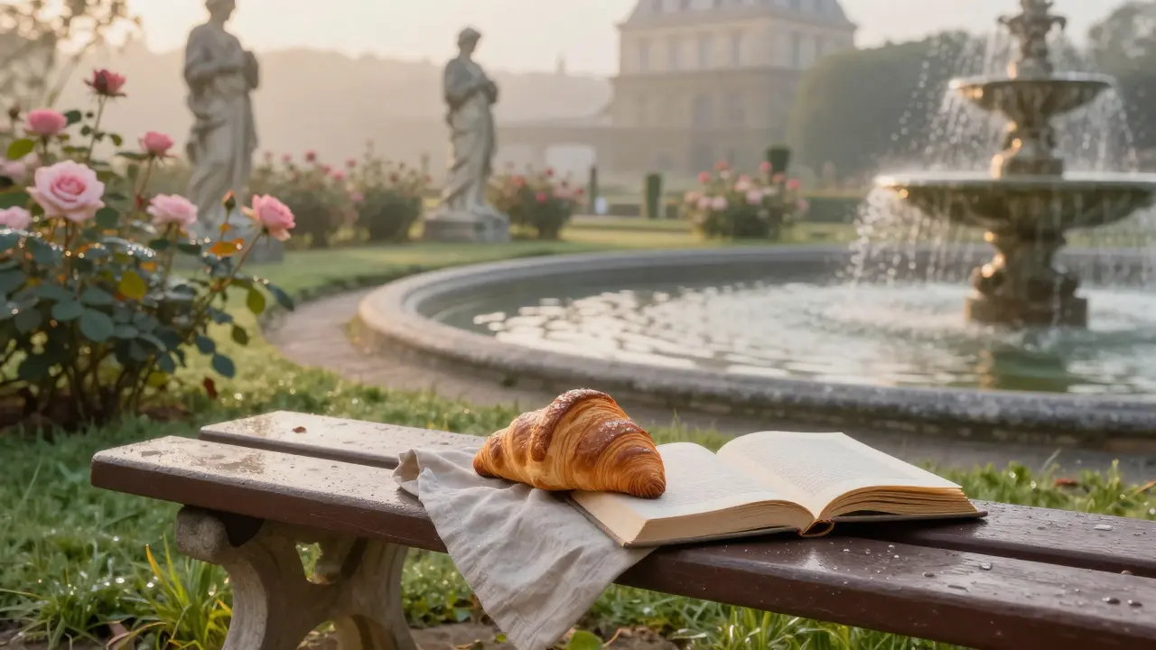 Empty bench near Medici Fountain in Luxembourg Gardens at sunrise with croissant.