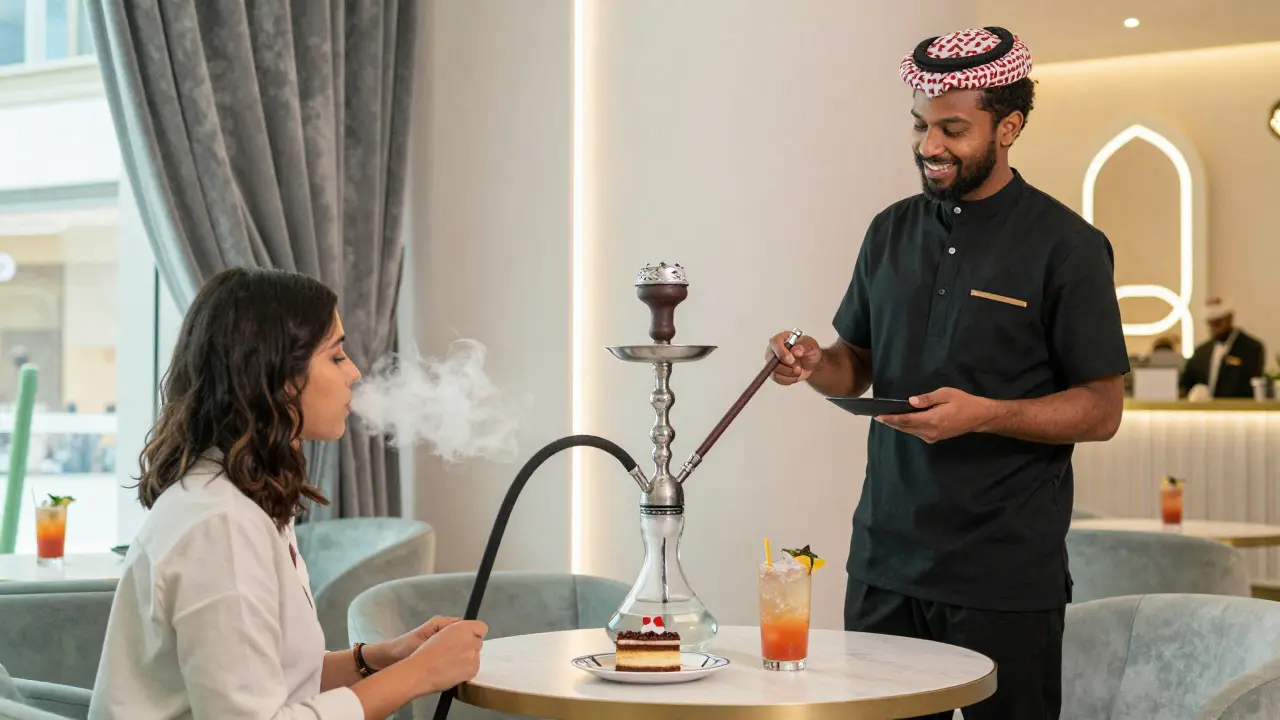 First-time visitor learning to smoke shisha with staff guidance in a modern lounge.