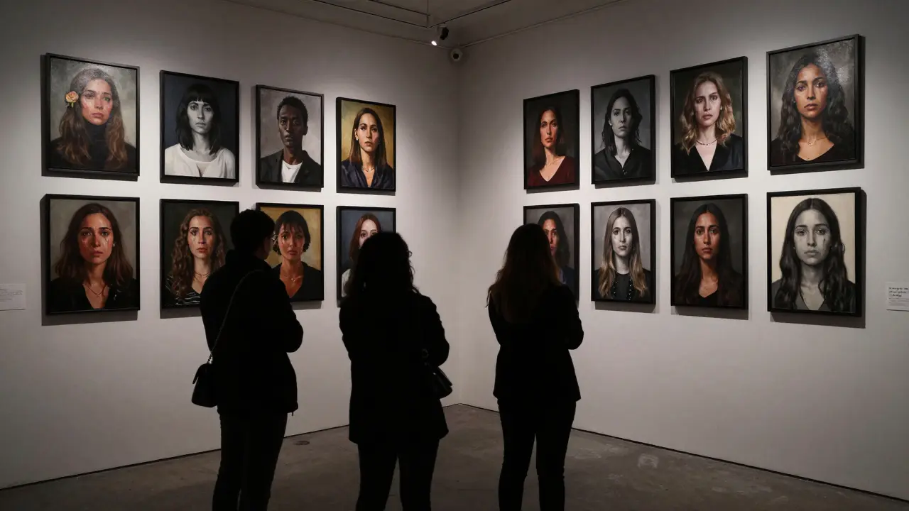 Forty-two portraits of women displayed in a hidden London gallery, each gazing directly at the viewer with quiet power.