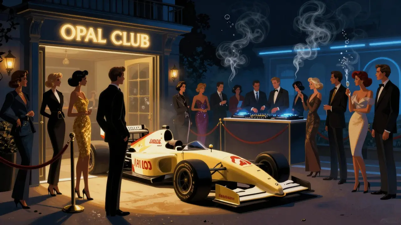 Glamorous crowd at Opal Club entering past velvet rope, dressed in haute couture under ambient nightclub lighting.