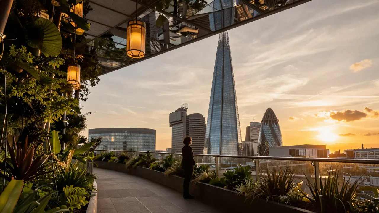 Golden hour view from Sky Garden with London skyline reflected in glass, surrounded by greenery and hanging lights.