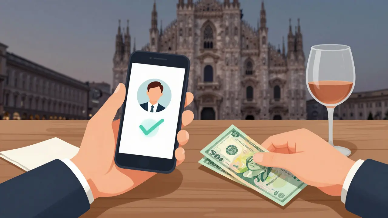 Hands placing cash on a table beside wine and napkin, with Milan&#039;s Duomo in background.