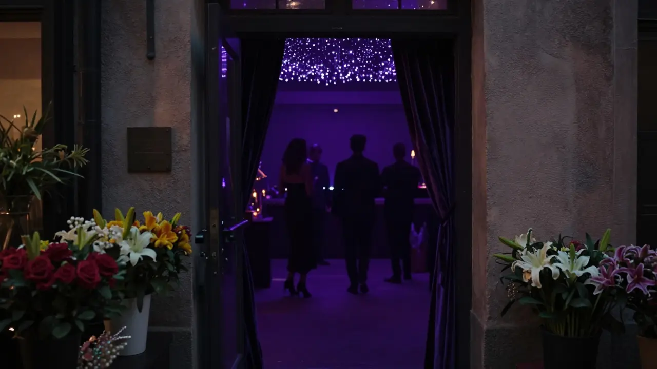 Hidden entrance to Opal Club behind a flower shop, glowing starry ceiling visible through a crack in the door.