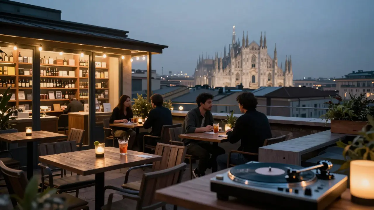 Hidden rooftop bar Il Giardino Segreto with city skyline, string lights, and patrons enjoying cocktails at night.
