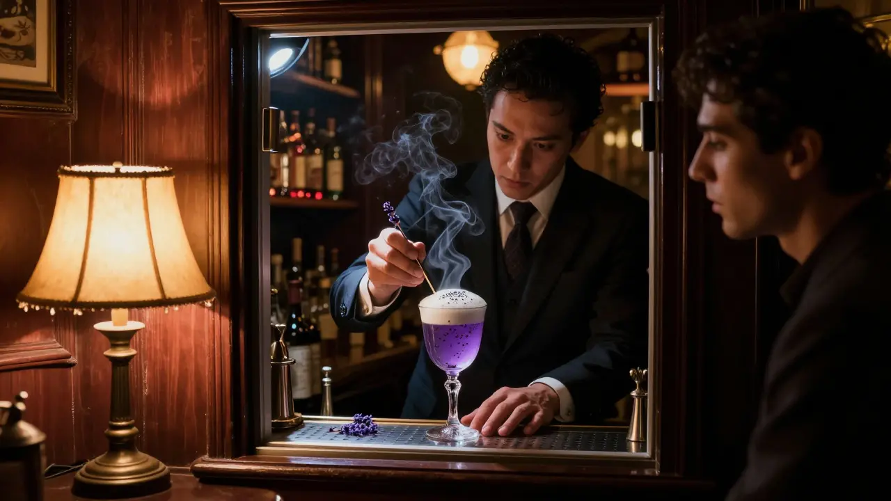 Hidden speakeasy bar with bartender preparing an artisanal cocktail in soft dim light.