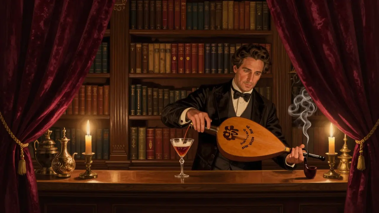 Hidden speakeasy behind a bookshelf, candlelit, with cocktails and oud music in an Ottoman mansion.