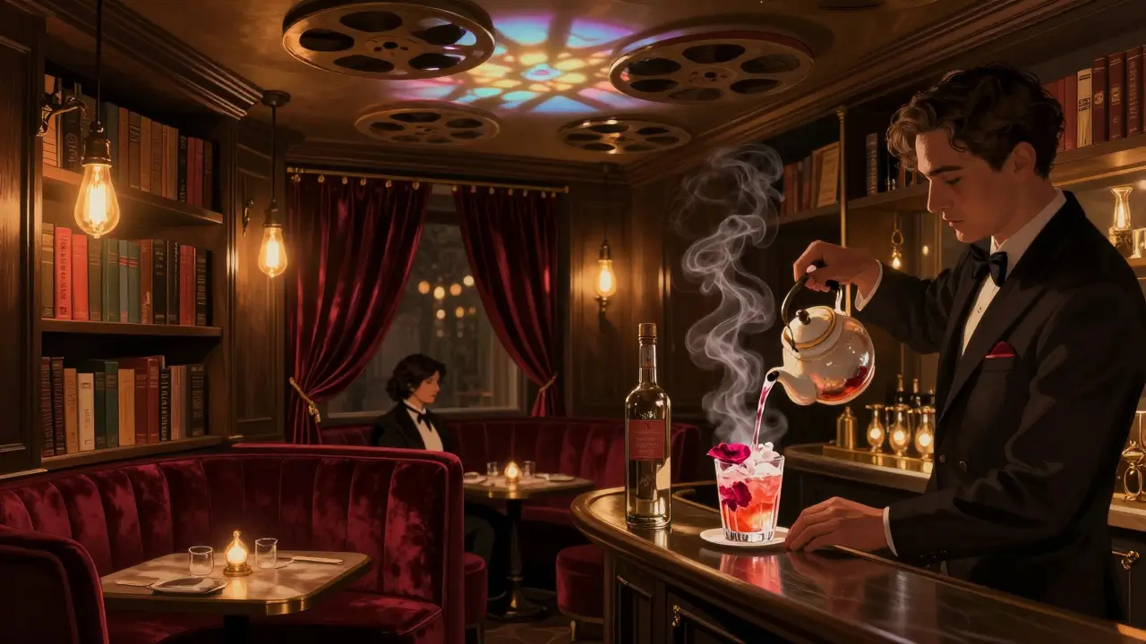Hidden speakeasy behind a bookshelf with warm Edison lights, velvet booths, and rose vapor rising from a teapot.