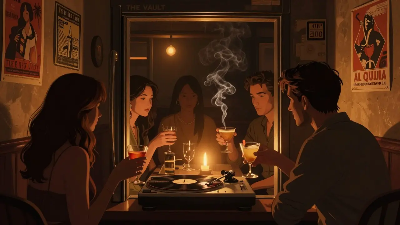 Hidden speakeasy behind a fridge door, dimly lit with patrons enjoying vinyl music and handcrafted drinks.