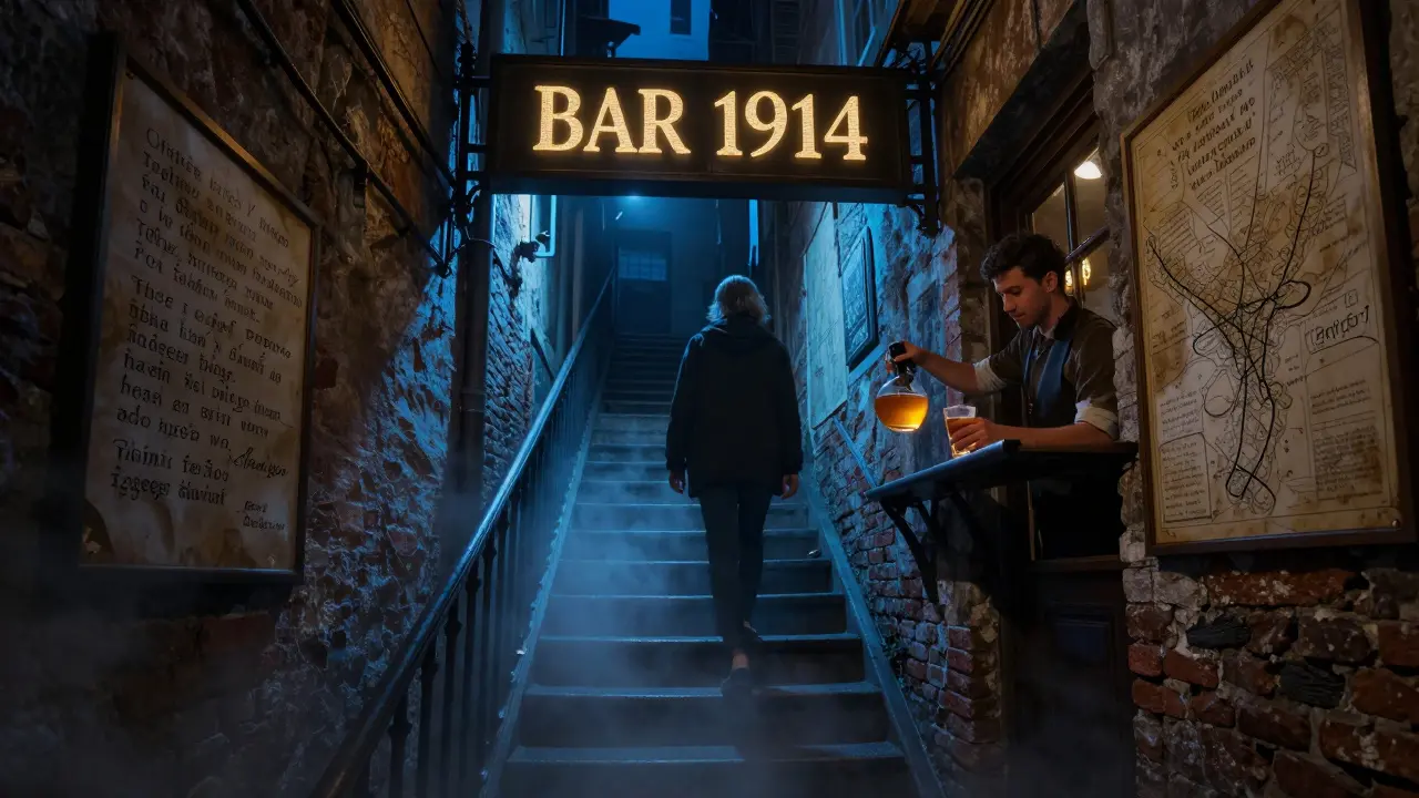 Hidden staircase leading to a secret bar beneath Galata Bridge, glowing with moody blue light and antique maps.
