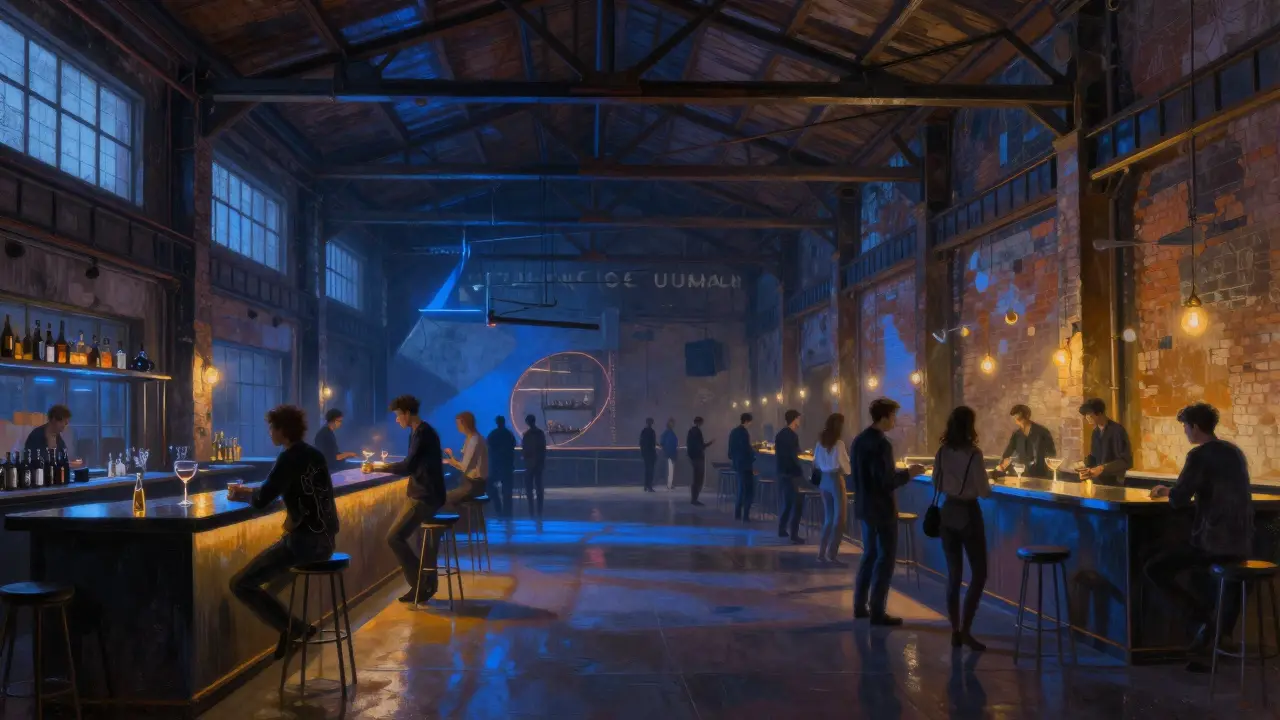 Industrial nightclub Officine Umane glowing with neon lights and energetic crowd at night.