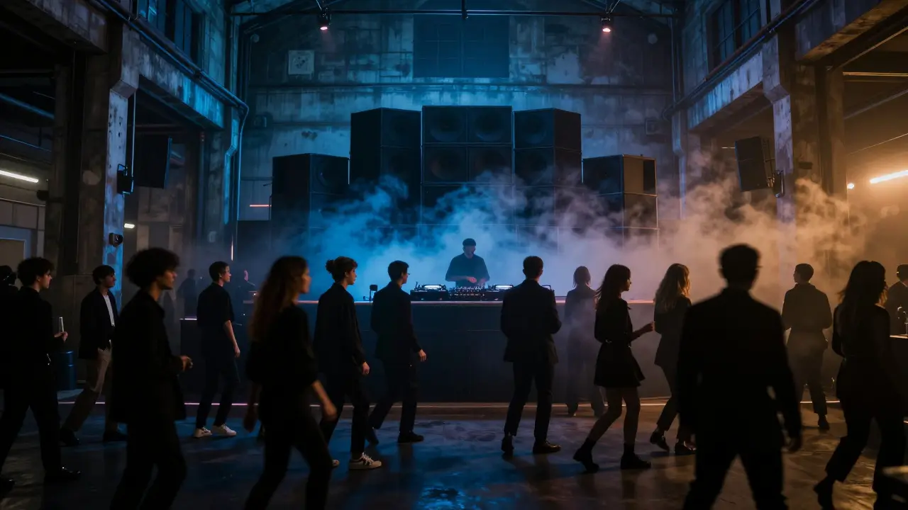 Industrial techno club with fog and strobe lights, crowd dancing in stylish dark attire.