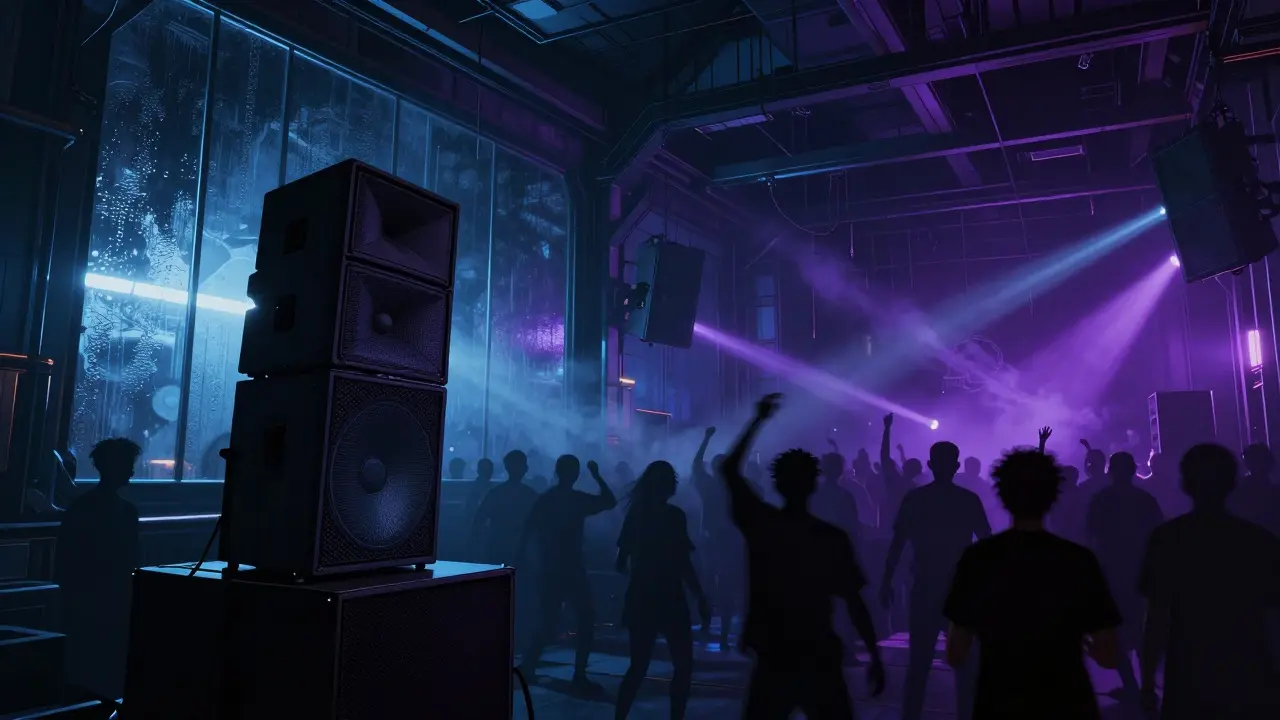 Interior of Fabric nightclub with silhouetted dancers and pulsing colored lights in a dark warehouse.