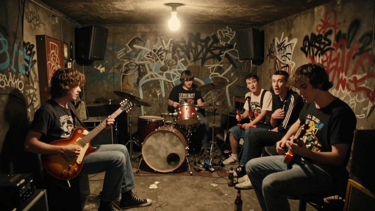 Intimate punk gig at The Windmill with band and packed crowd in a dim, gritty back room.