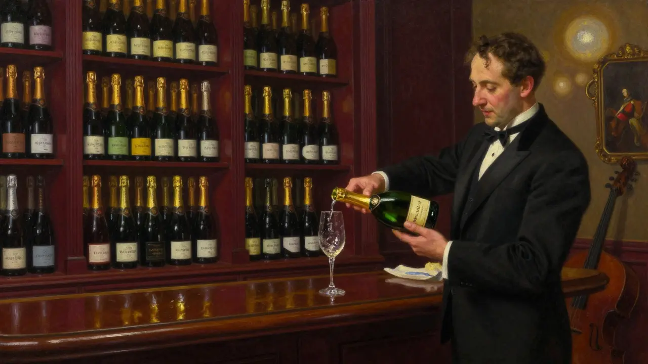Luxurious champagne bar with rare bottles and a sommelier pouring vintage Krug in soft, warm lighting.