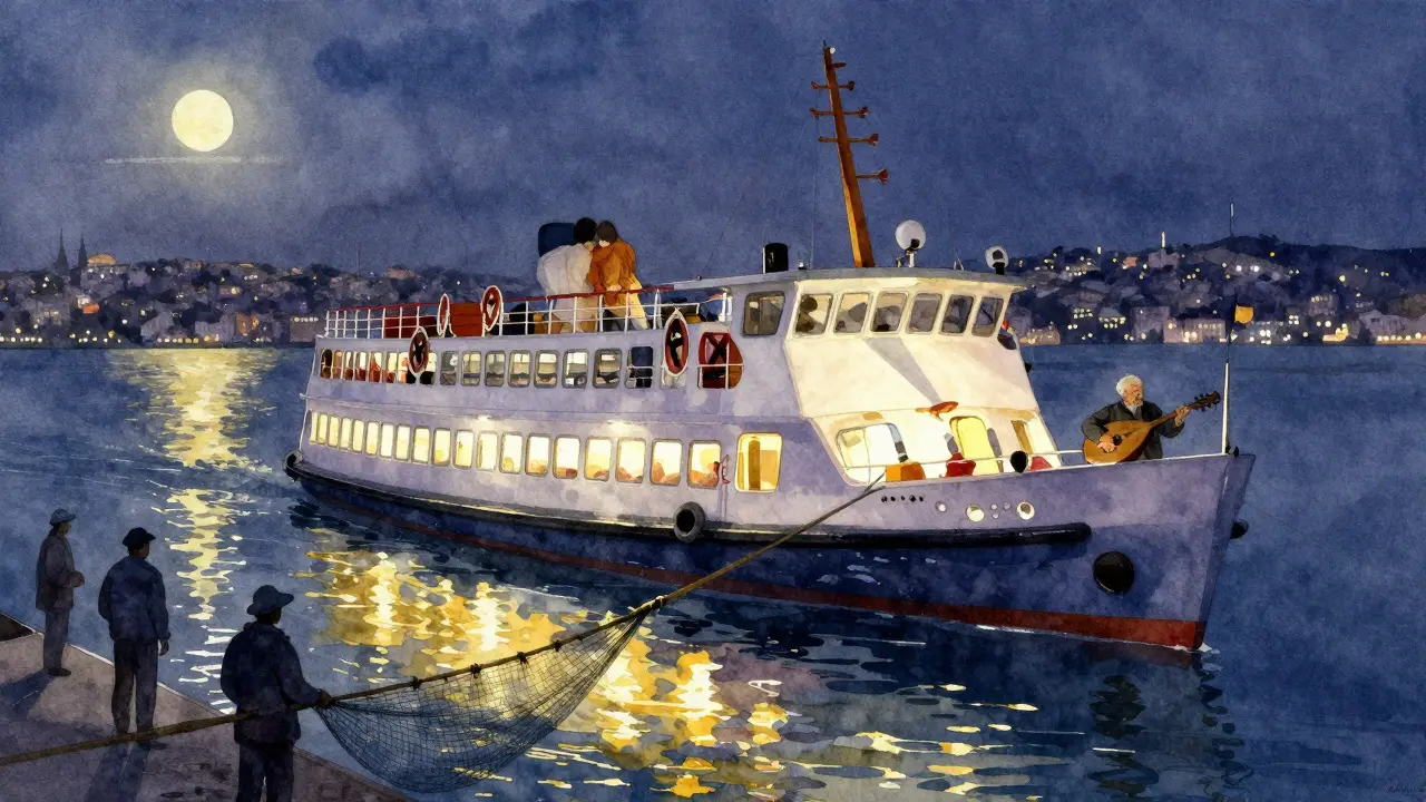 Midnight ferry on the Bosphorus with couple on deck and man playing oud, city lights reflecting on dark water.