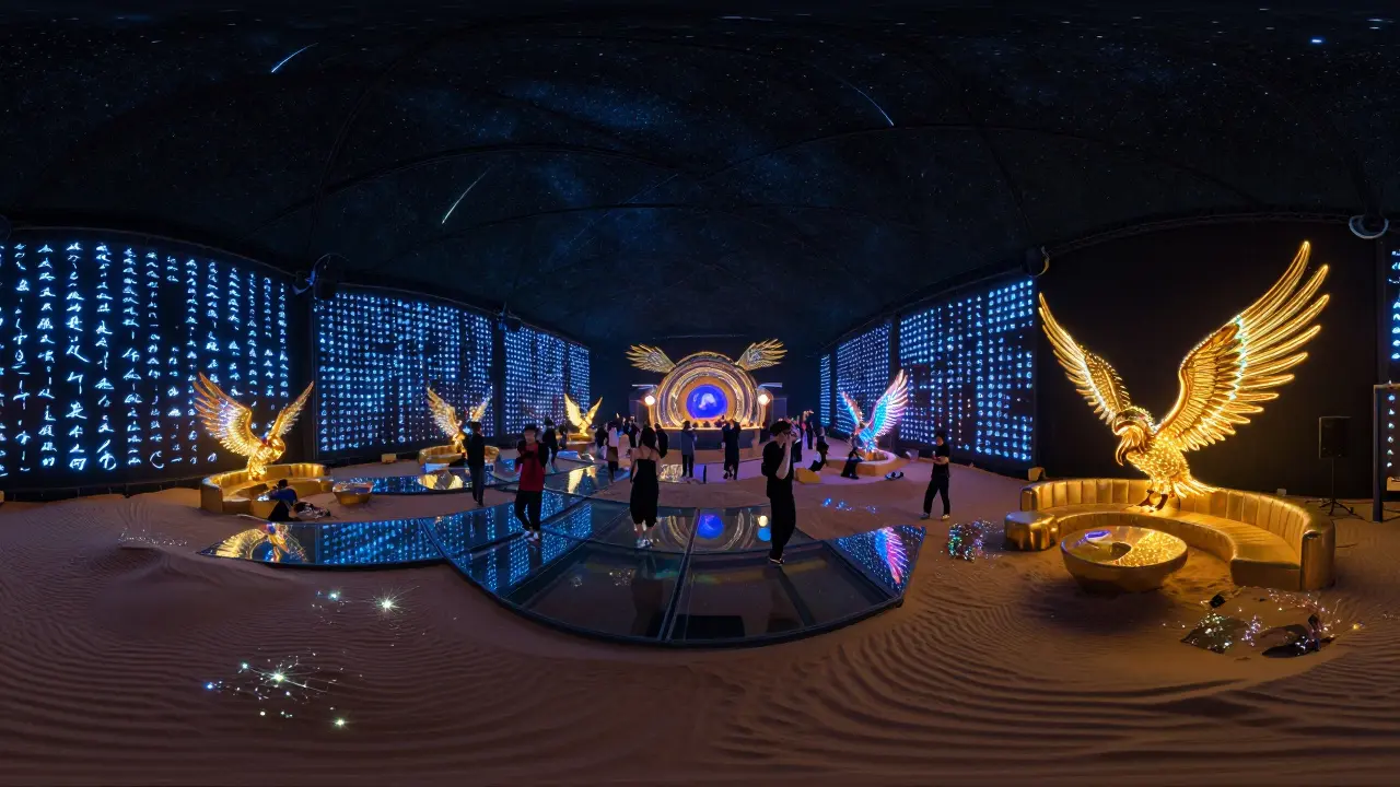 Neon-lit club with starry ceiling, glowing floor dunes, and golden falcon booths in electric blue and gold light.
