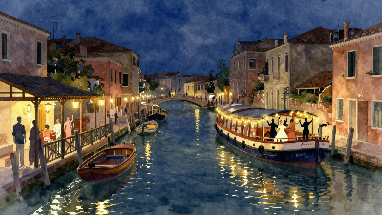 Nighttime Navigli canals with lantern-lit terraces and a floating dance club glowing on the water.
