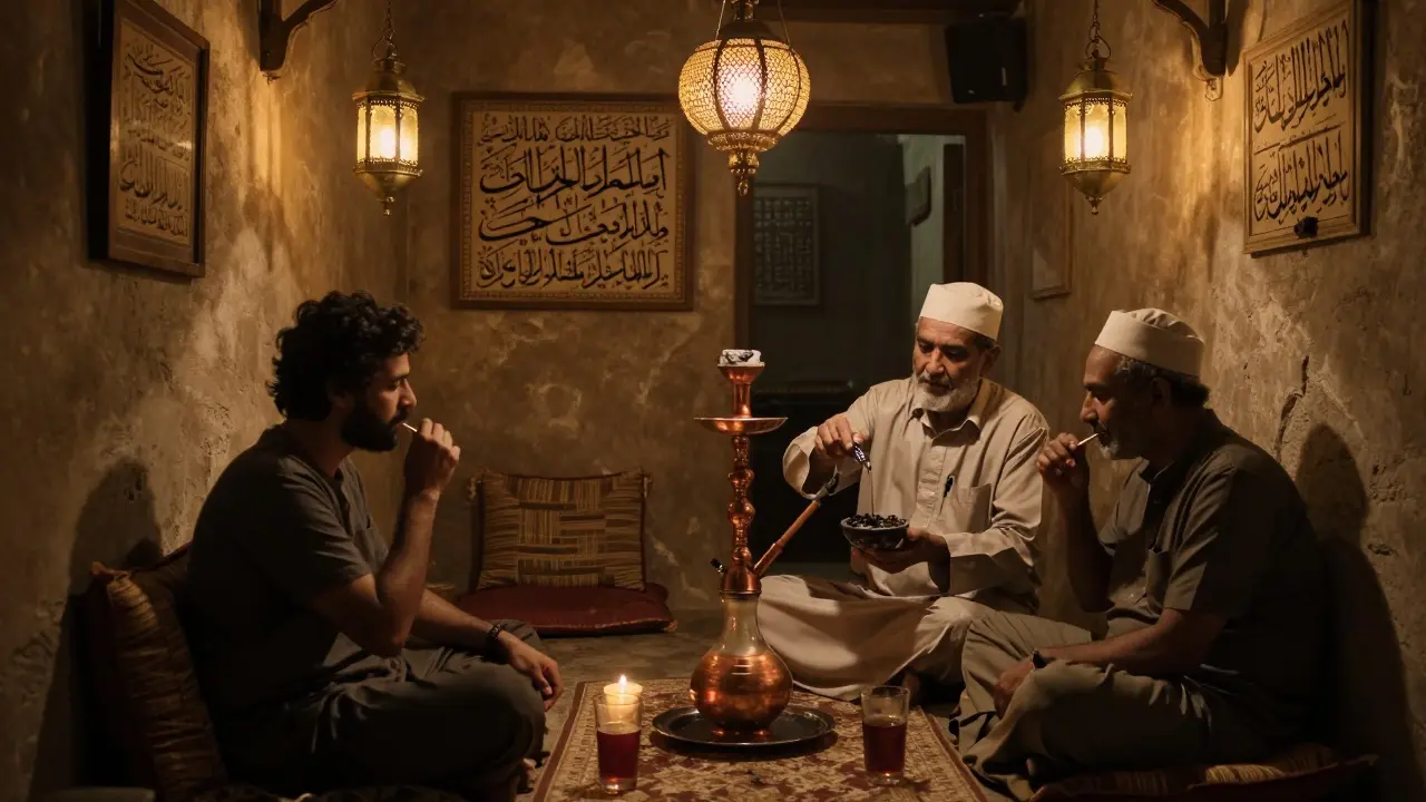 Owner preparing shisha with natural charcoal in a quiet, hidden Dubai lounge.