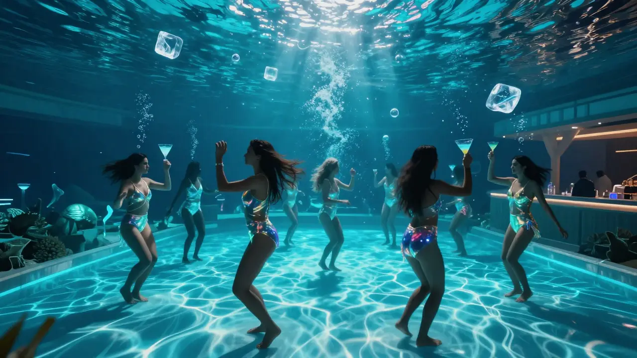 People dancing at a beach club with underwater lighting, glowing ice cubes, and staff in iridescent suits under a watery ceiling.
