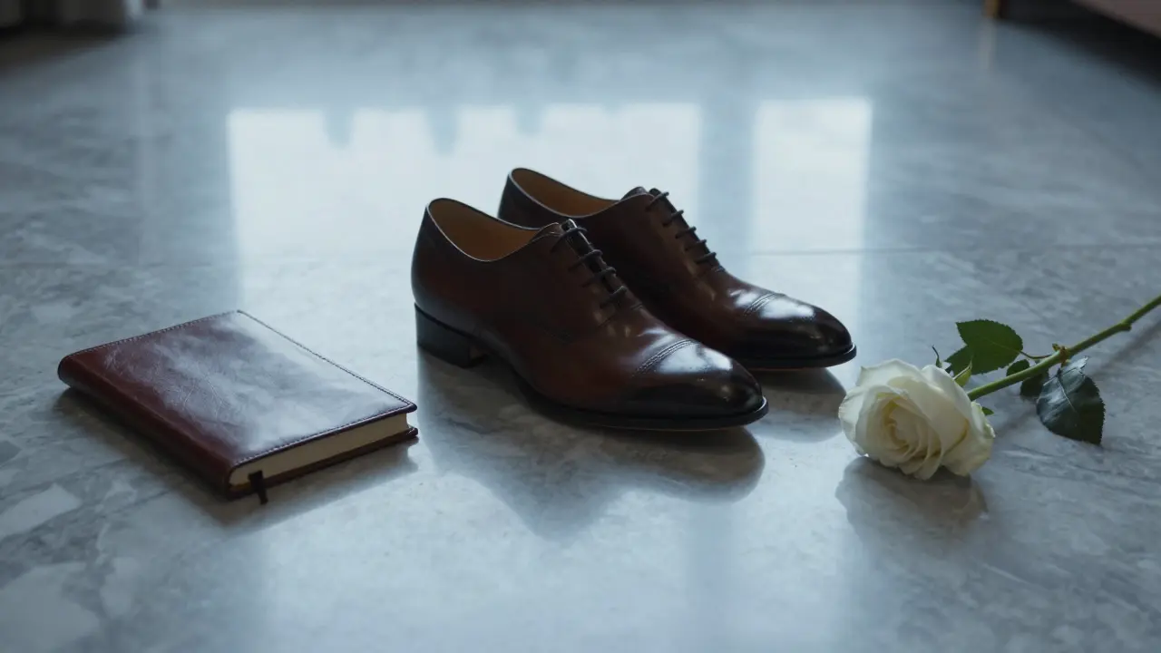 Polished shoes and a white rose left on marble floor, symbolizing a quiet, respectful encounter.