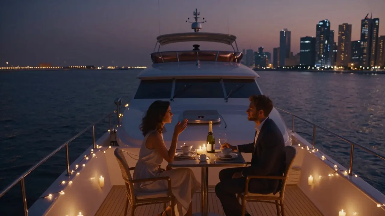 Private yacht at twilight with couple dining under string lights on Dubai Marina.
