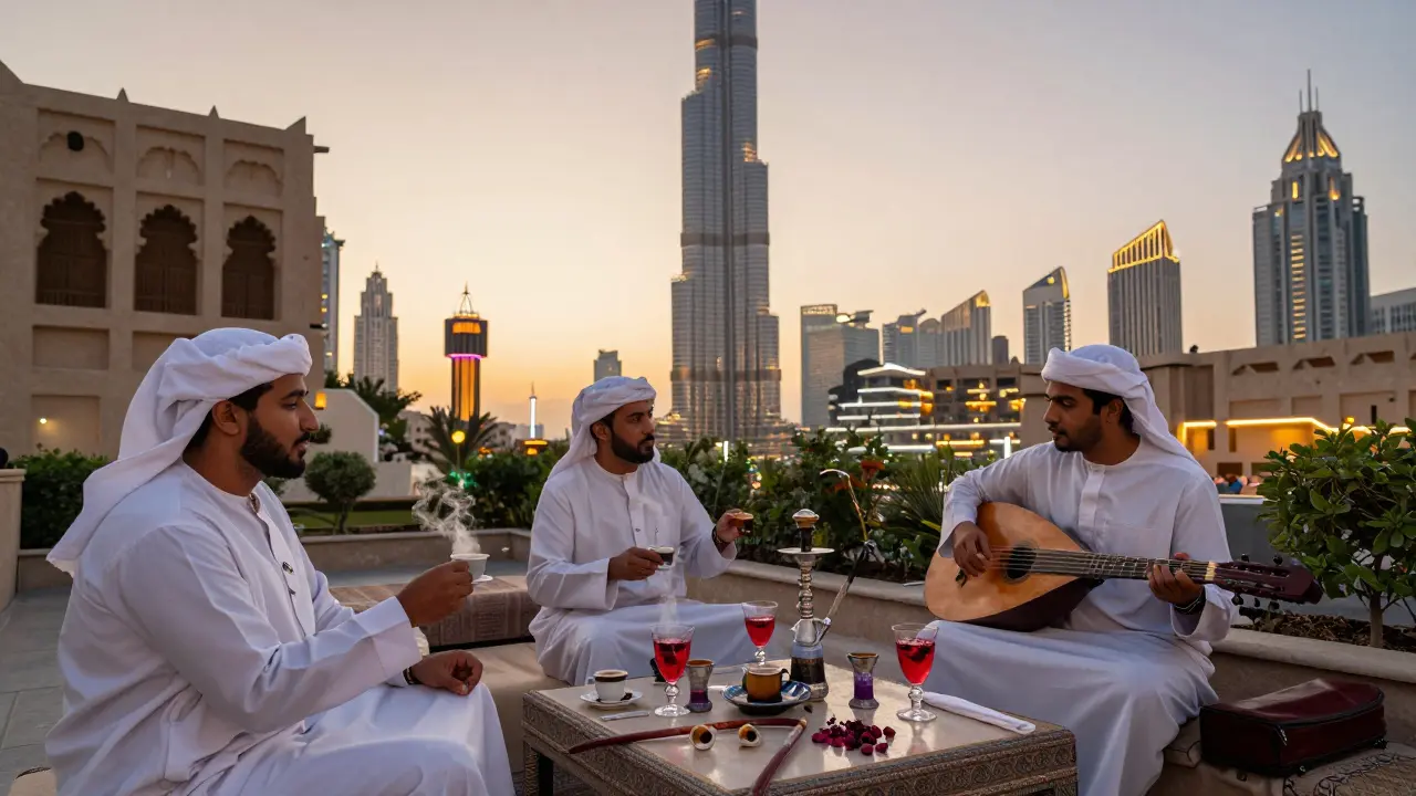 Quiet rooftop at dawn in Dubai with people drinking coffee as the Burj Khalifa lights up behind them.