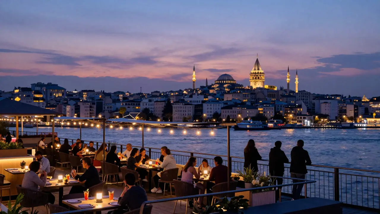 Rooftop bar with panoramic view of Istanbul's skyline at twilight, guests enjoying cocktails under string lights.
