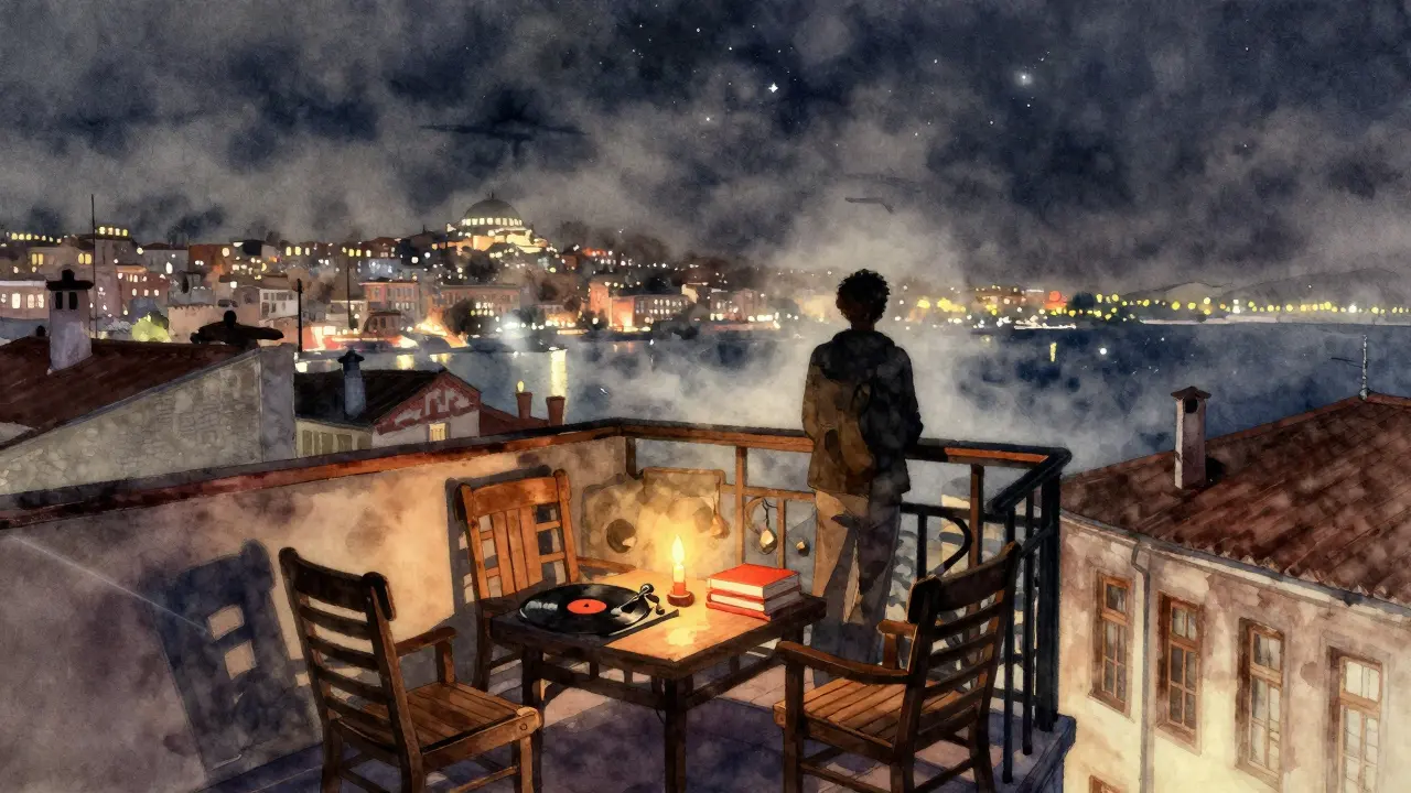 Serene rooftop balcony in Cihangir at night with candlelight, books, and a vinyl record, overlooking Istanbul’s twinkling skyline.