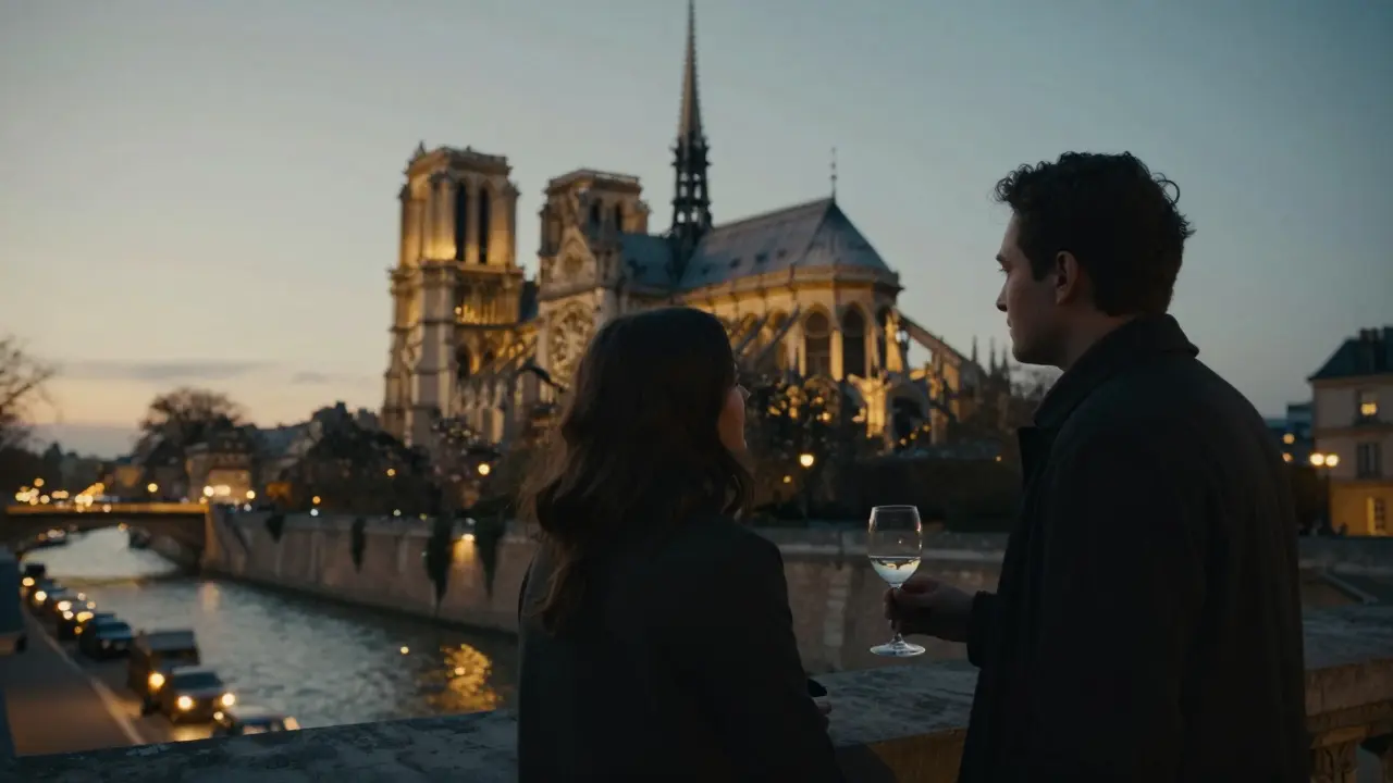 Silhouettes on a Paris rooftop at sunset, Notre-Dame glowing in the distance, wine glass in hand, peaceful silence.