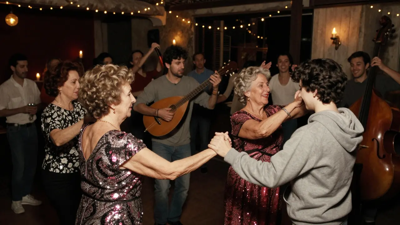 Spontaneous halay dance in a vibrant Istanbul venue, generations moving together under string lights and candle glow.