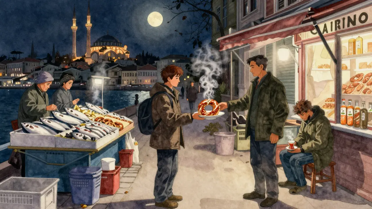 Street vendor giving a warm simit to a traveler at 3 a.m. in Kadıköy