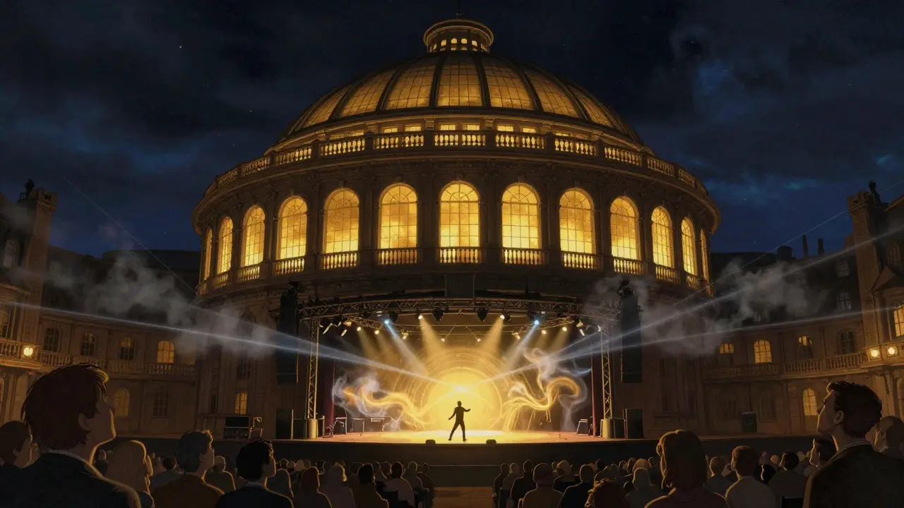The Roundhouse venue glowing at night with rotating stage and audience under a starry dome.
