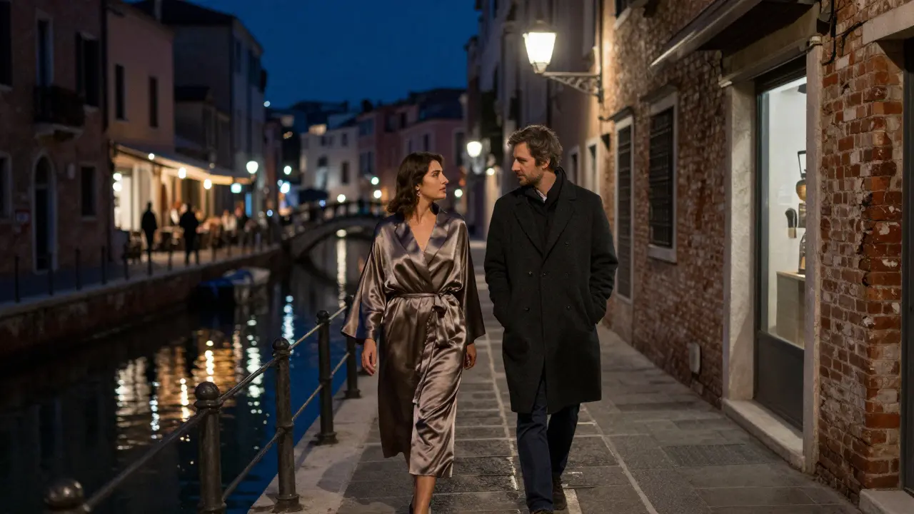 Two figures walking peacefully along the Navigli canals at night, reflections glowing on water.