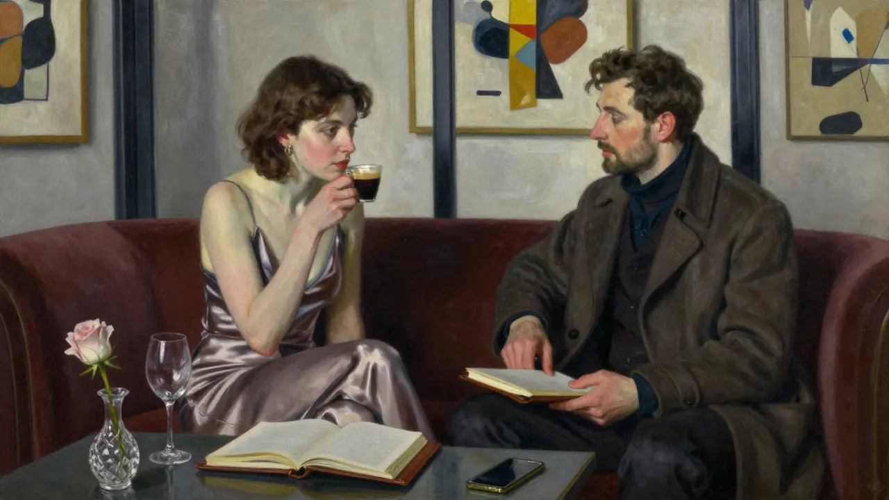 Two individuals share a quiet moment in a high-end Milan lounge, engaged in thoughtful conversation.