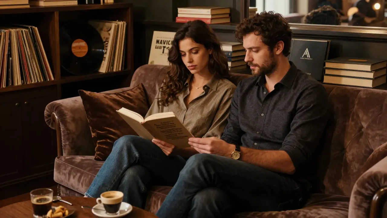 Two people enjoy quiet companionship in a luxurious Milan lounge, reading and sipping espresso together.