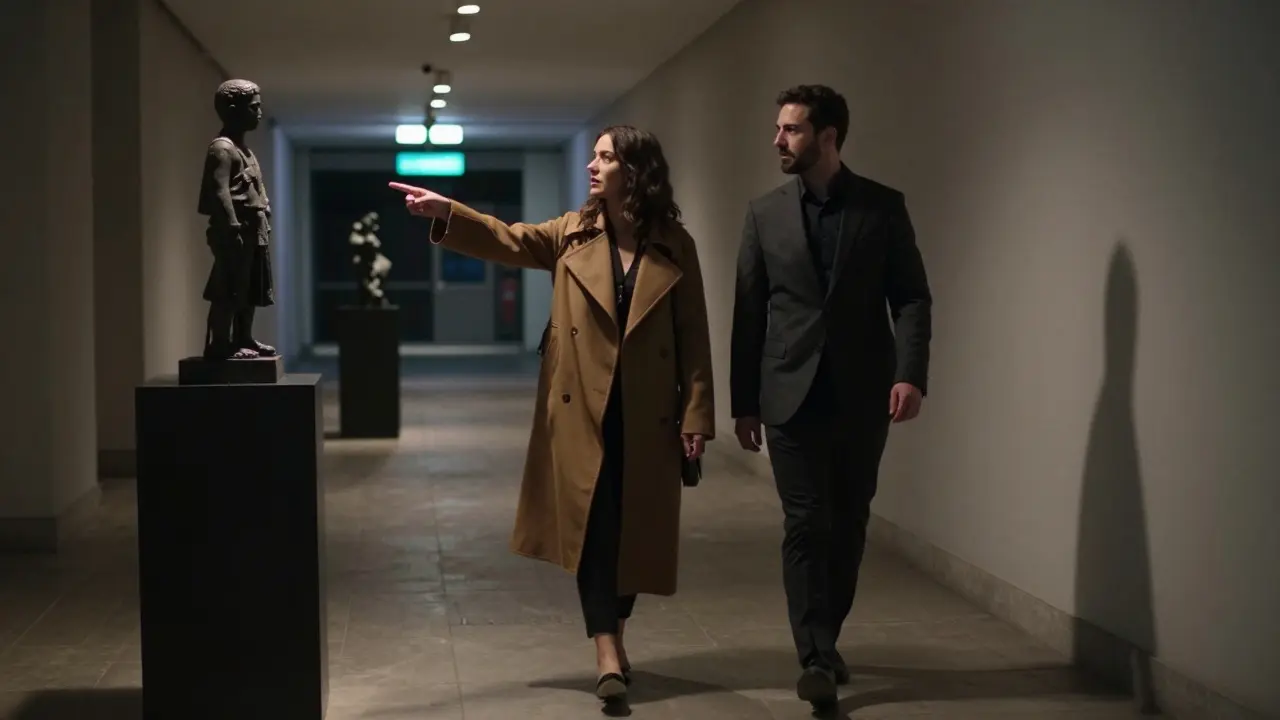 Two people quietly admiring modern art in a dimly lit gallery corridor after hours.