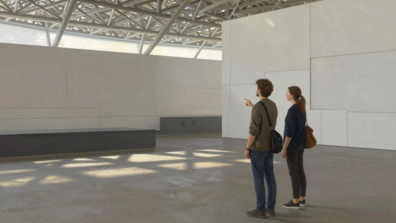 Two people quietly appreciating art in the Louvre Abu Dhabi, sunlight filtering through the dome above.