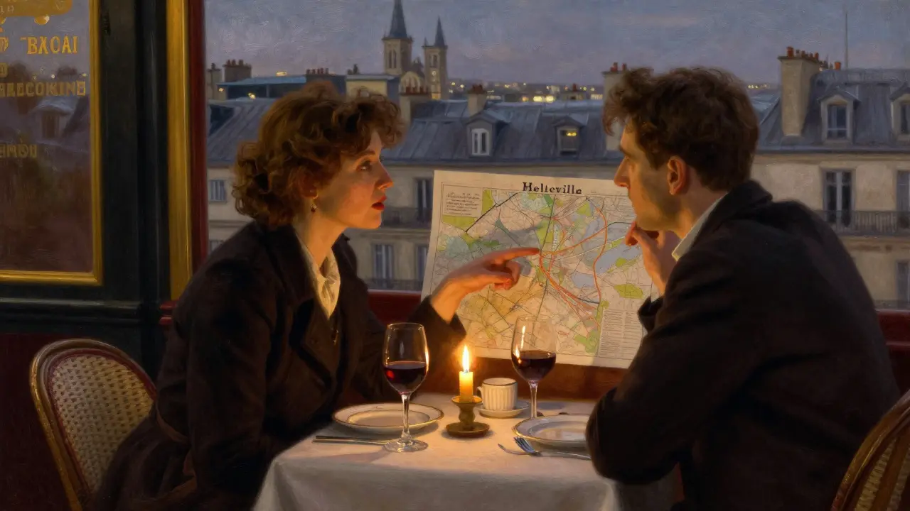 Two people share an intimate dinner at a hidden Paris bistro, candlelight illuminating conversation and a map of the city.