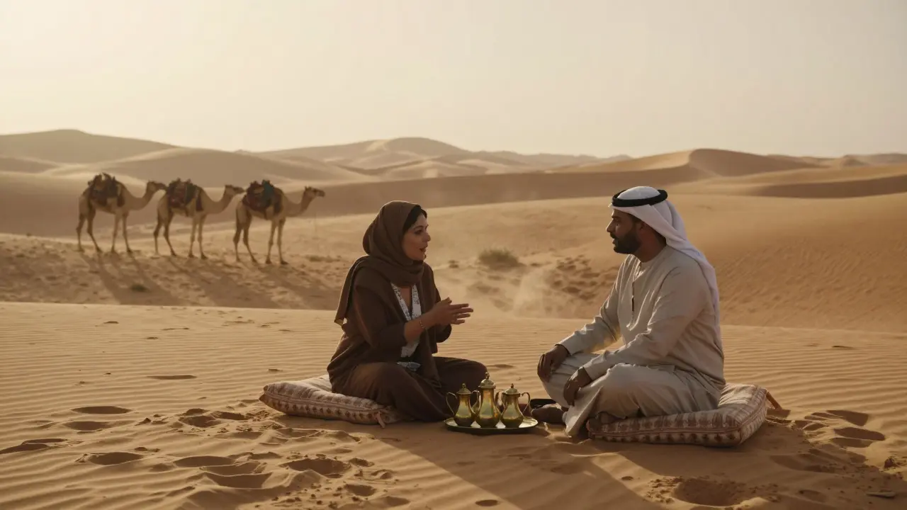 Two people sharing tea in the desert at dawn, surrounded by dunes and camels.