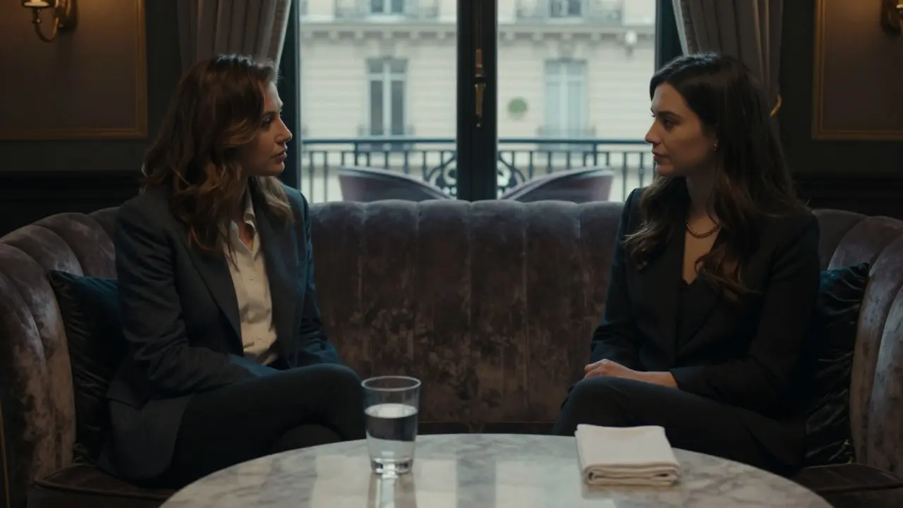 Two people sitting calmly in a hotel lounge, respectful distance, refined atmosphere, no physical contact.