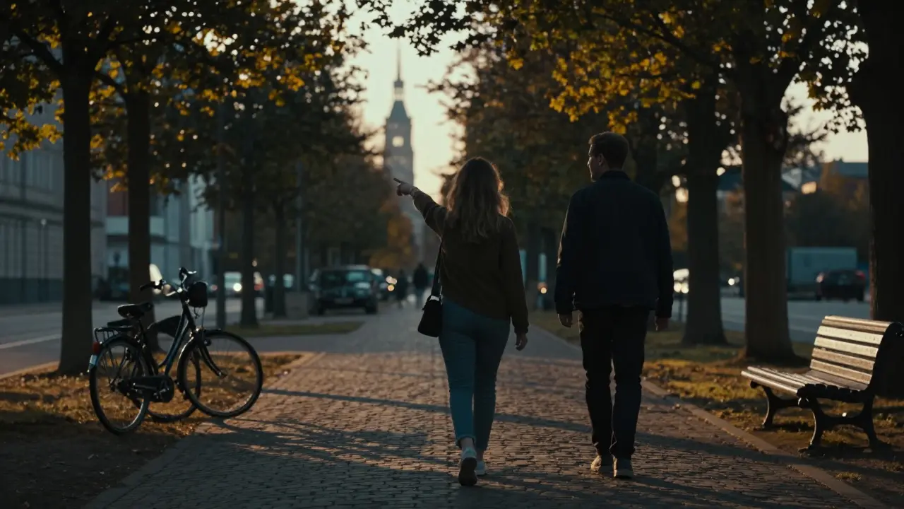 Two people walking peacefully along a tree-lined Berlin path at golden hour, lost in quiet conversation.