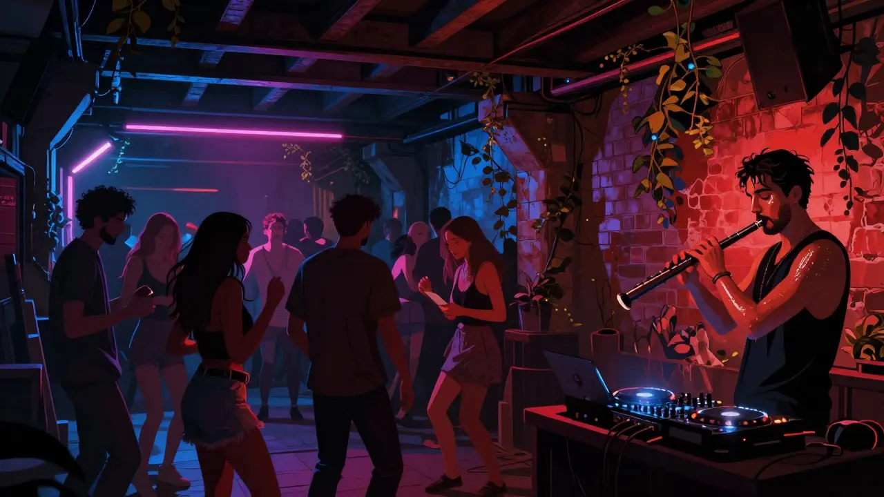 Underground club beneath a railway bridge with dancers under strobe lights, ney flute blending with techno beats.
