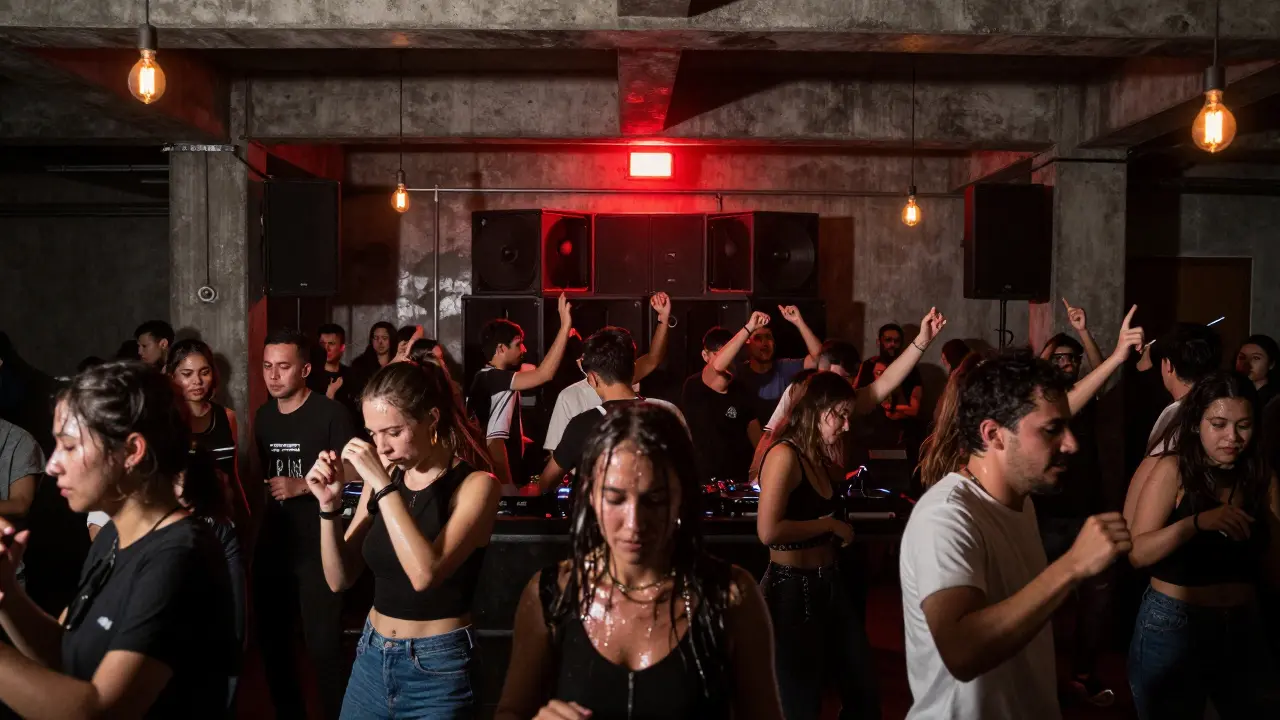 Underground club Ex Dogana with crowd dancing to techno, concrete walls, hanging lights, red entrance light.