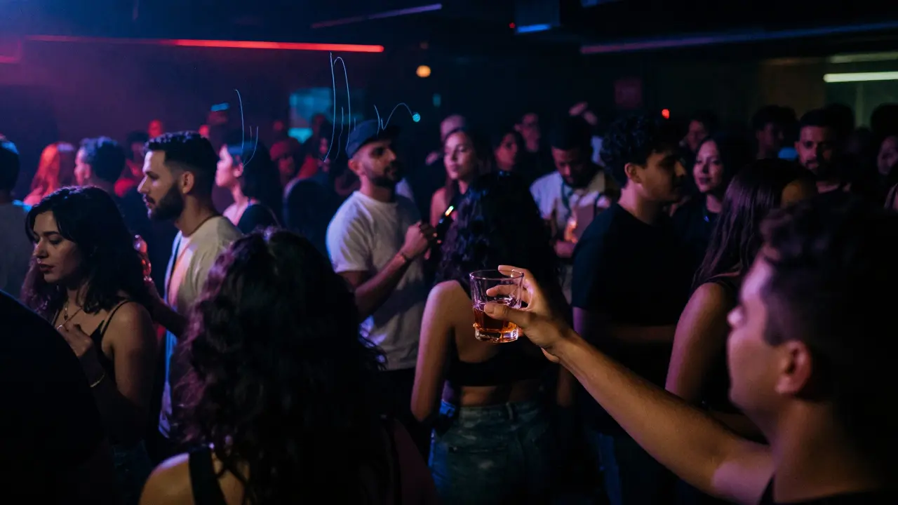 Underground club scene with vibrant crowd dancing in dim, moody lighting.