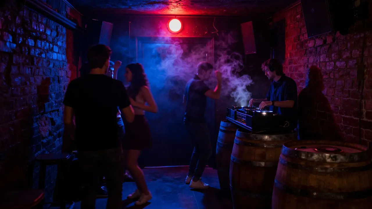 Underground club with red light and dancers under strobing neon