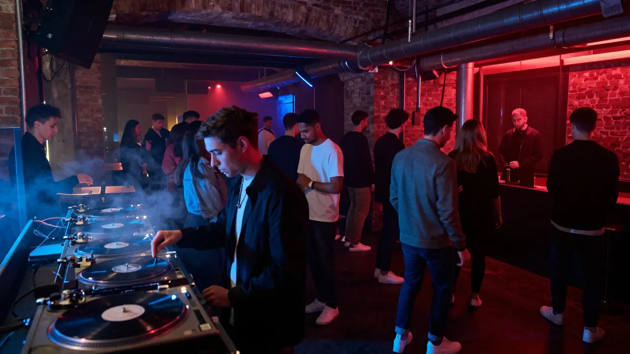 Underground warehouse club in Porta Romana with crowd dancing under industrial lights, no signage.