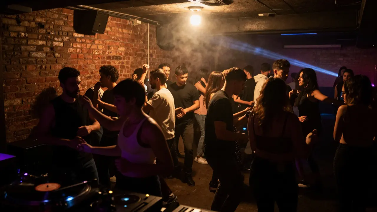 Underground warehouse club Karaköy Life with dense crowd dancing under neon lights and exposed brick walls.